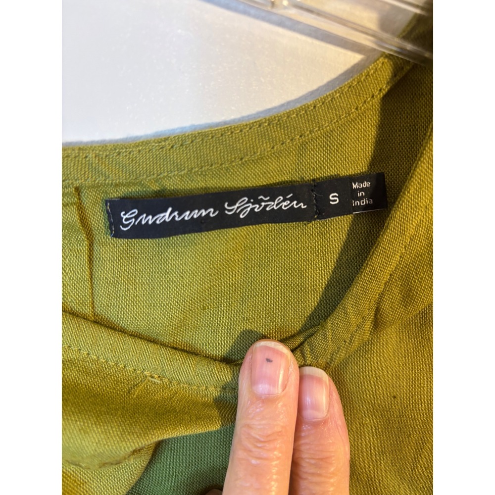 GUDRUN SJODEN Chartreuse Green Linen cotton Embroidered Drop Waist Dress S - Picture 3 of 7